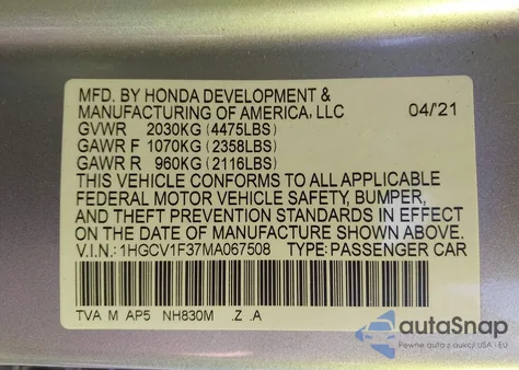 2021 Honda Accord Sport из США, поврежденный, VIN 1HGCV1F37MA067508